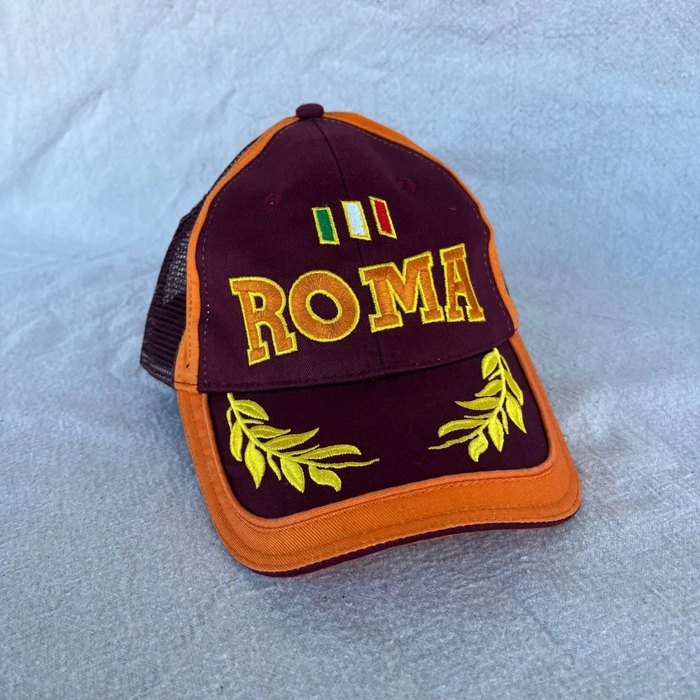 Roma‎ Baseball Cap Trucker Hat Burgundy Orange Mesh Italy Flag Embroidery
